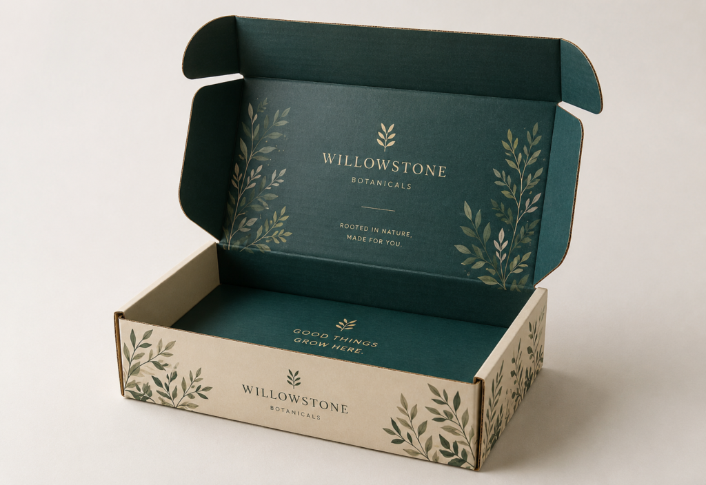 Double-sided custom printed corrugated mailer box with botanical artwork, visible paper texture, and printed interior and exterior.